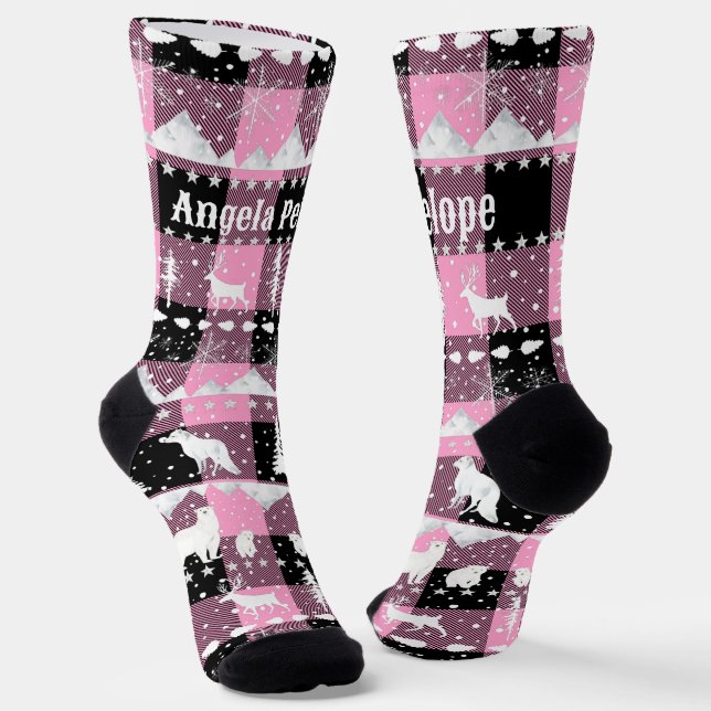 Nordic Sweater Winter Animals Pink Buffalo Kariert Socken (Gewinkelt)