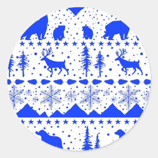 Nordic Sweater Winter Animals Royal Blue & White Runder Aufkleber (Vorderseite)