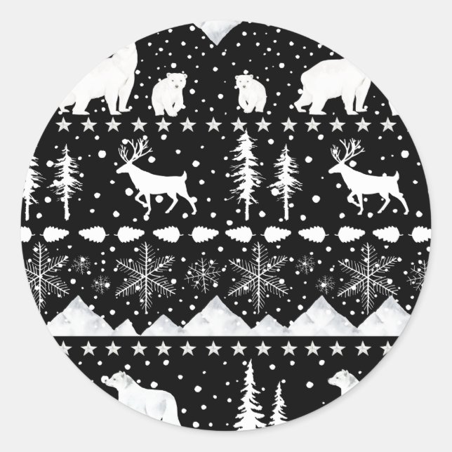 Nordic Sweater Winter Tiere Schwarz-Weiß-Klassen Runder Aufkleber (Vorderseite)