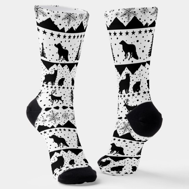 Nordic Sweater Winter Tiere Schwarz-Weiß-Socken Socken (Gewinkelt)