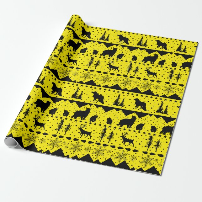 Nordic Sweater Yellow and Black Winter Animals Geschenkpapier (Ungerollt)