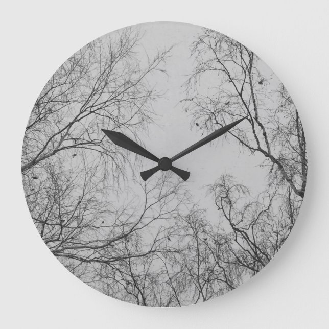 Nordic Winter Birch mit Tit Birds Foto Große Wanduhr (Vorderseite)