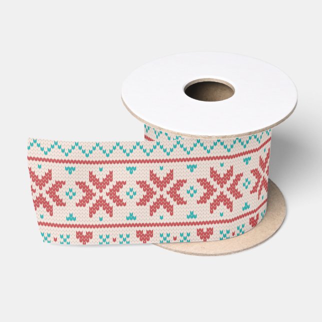 Nordic Winter Sweater Imitats Strick Aqua & Red Mu Satinband (Spule)