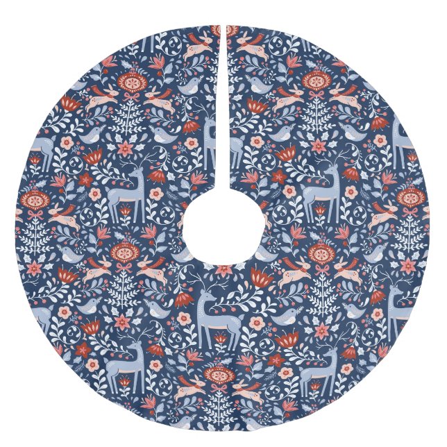 Nordic Woodland Animals Blaues Muster Polyester Weihnachtsbaumdecke (Vorderseite)