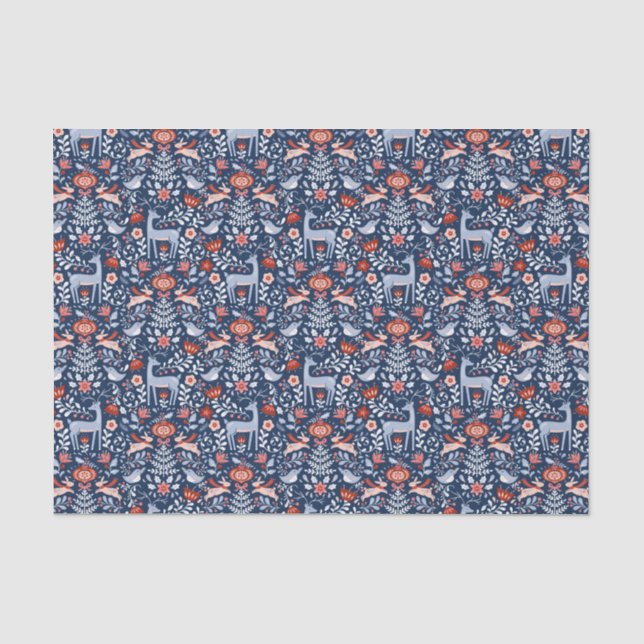 Nordic Woodland Animals Blaues Muster Seidenpapier (Vorderseite)