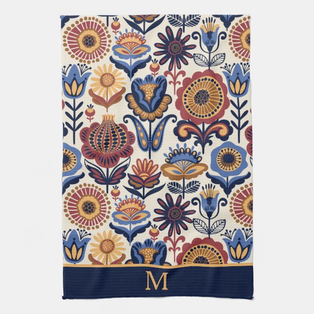 Nordische Blume Folk Art Muster Monogramm Geschirrtuch (Vertikal)