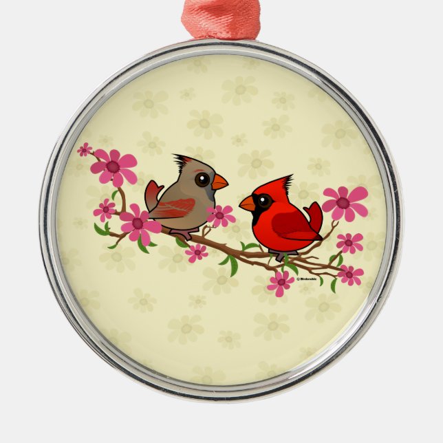 Nordische Kardinäle auf der Zweigstelle Blossom Ornament Aus Metall (Vorne)