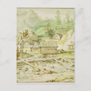 Nordische Landschaft mit Holzhütte und Erbe Postkarte