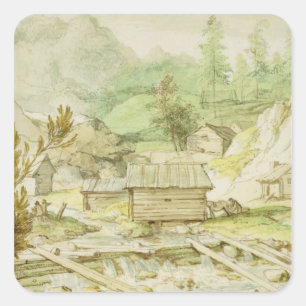 Nordische Landschaft mit Holzhütte und Erbe Quadratischer Aufkleber