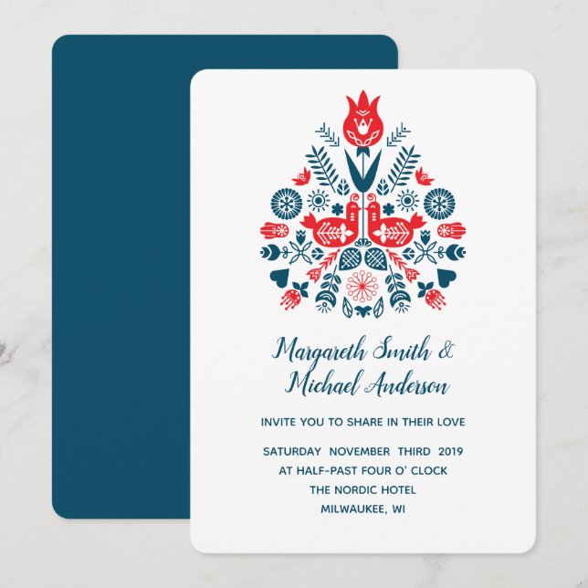 Nordische Liebe in Rot und Blau | Hochzeit Einladung (Vorne/Hinten)