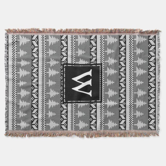 Nordische Schwarz-Weiß-Tannen Mit Monogramm Decke (Vorderseite)