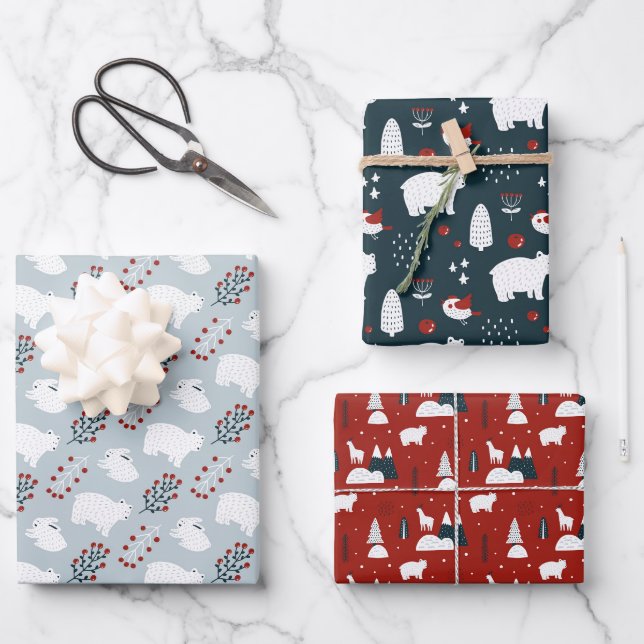 Nordische skandinavische Bärenmuster Weihnachten Geschenkpapier Set (Vorderseite)