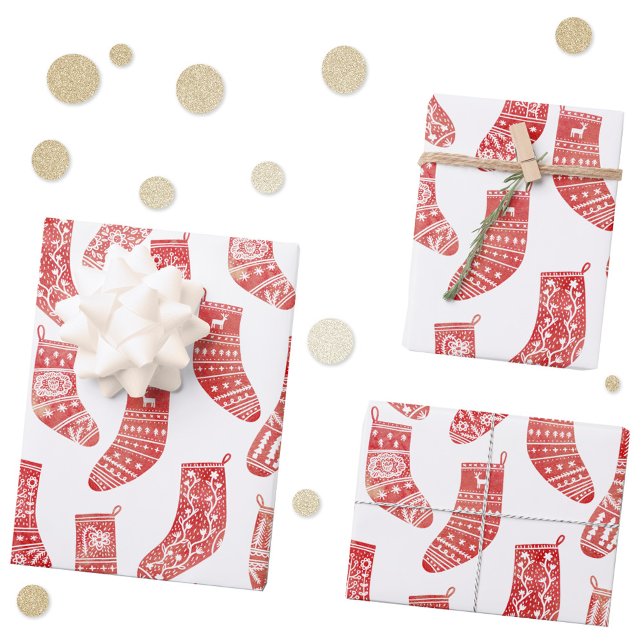Nordische Strumpf Rot und Weiß Geschenkpapier Set (Nordic stockings red and white Scandinavian Christmas pattern gift wrapping paper )