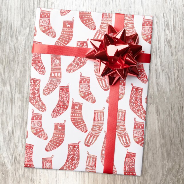Nordische Strumpf skandinavisches Weihnachtsrot Geschenkpapier (Nordic Stockings red and white Scandinavian folk art pattern Christmas gift wrapping paper roll)