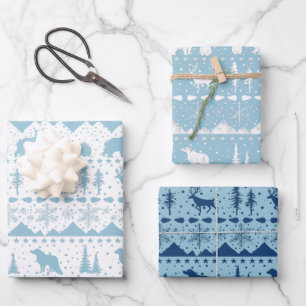 Nordische Sweater Blau- und Weißwintertiere Geschenkpapier Set