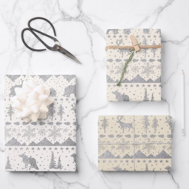Nordische Sweater Neutral Beige Silber Wintertiere Geschenkpapier Set (Vorderseite)