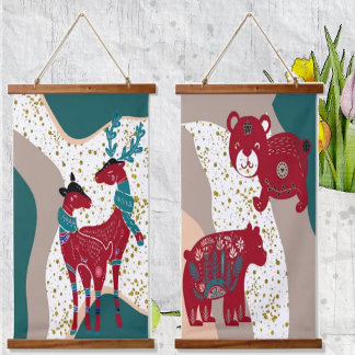 Nordische Tiere Hirschbären Gold Hail Boho Kunst Wandteppich Mit Holzrahmen