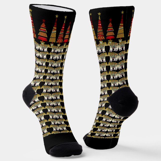 Nordische Tiere Weihnachtsbäume Goldene Bärenstars Socken (Gewinkelt)
