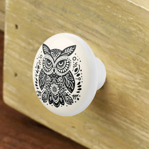 Nordische Volkskunst Grumpy Owl Elfenbein Schwarz Keramikknauf