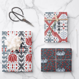 Nordische Volkszweige und Blume rot blau Geschenkpapier Set