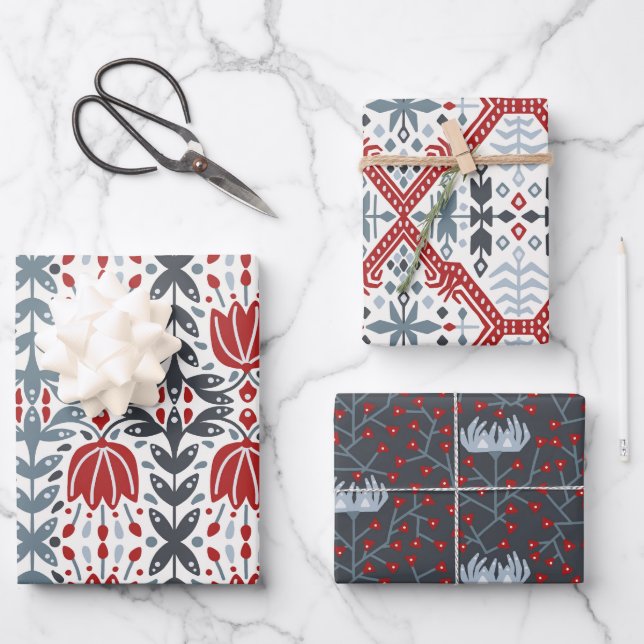 Nordische Volkszweige und Blume rot blau Geschenkpapier Set (Vorderseite)