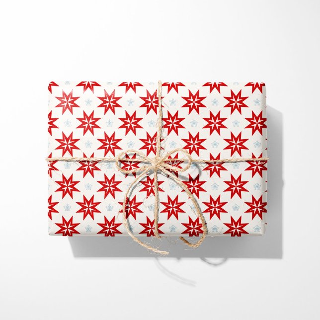 Nordische Weihnachts-Rote Sterne und Blaue Schneel Geschenkpapier (Von Creator hochgeladen)