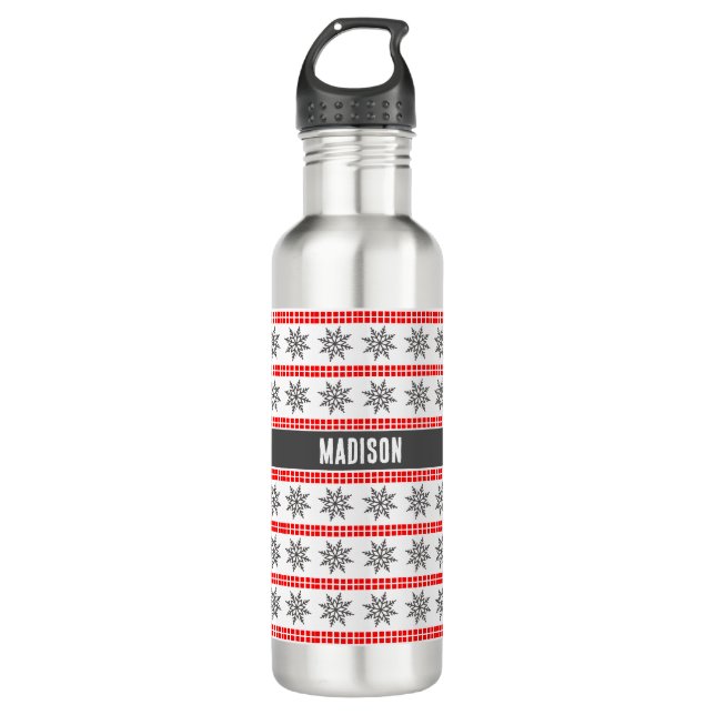 Nordische Weihnachtsschneeflockenmuster grau-weiß Edelstahlflasche (Vorderseite)