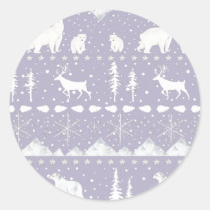 Nordische Wintertiere im Sweater Winter Lila und w Runder Aufkleber