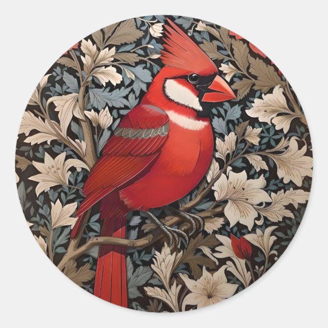 Nordischer Kardinal Bird William Morris Inspiriert Runder Aufkleber (Vorderseite)