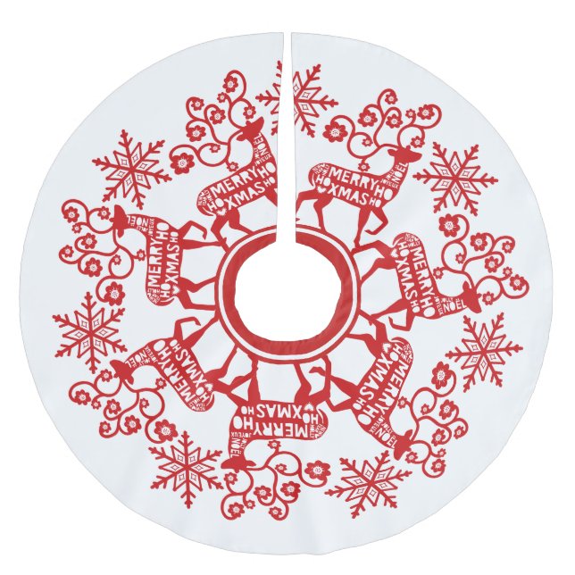 Nordischer Roter Rentier und Schneeflocken Weihnac Polyester Weihnachtsbaumdecke (Vorderseite)