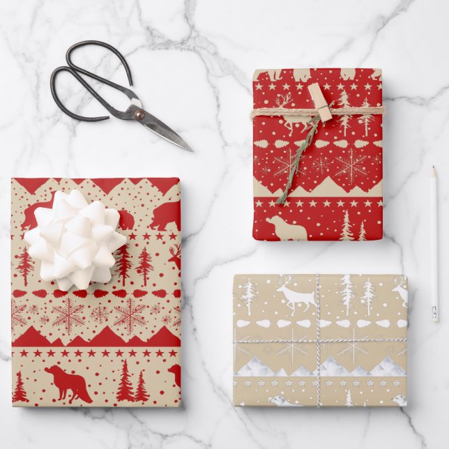 Nordischer Sweater Beige Red White Winter Animals Geschenkpapier Set (Vorderseite)