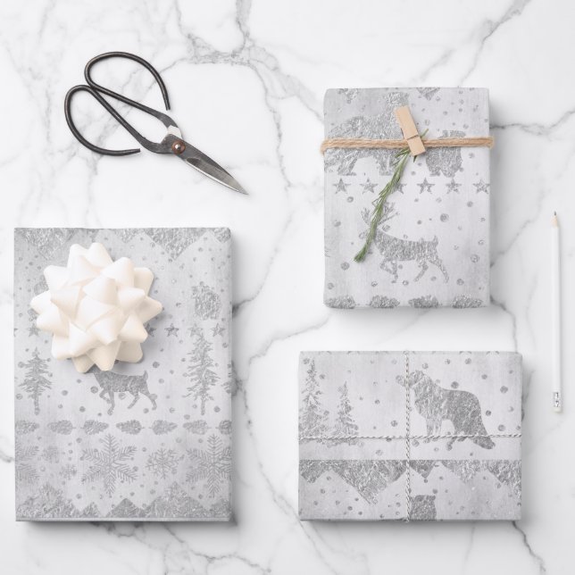 Nordischer Sweater Silver Winter Tiere auf Silber Geschenkpapier Set (Vorderseite)