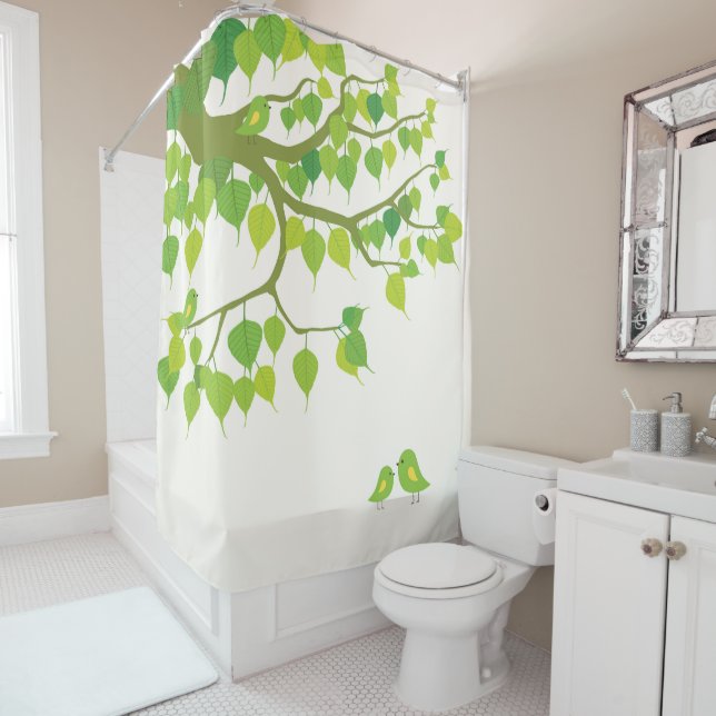 Nordischer Wald: Vögel und Sommer-Blätter Duschvorhang (Beispiel)