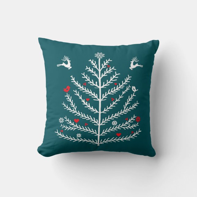 Nordischer Weihnachtsbaum Deer Aquamarin Blue Kissen (Vorderseite)