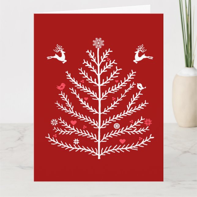 Nordischer Weihnachtsbaum Hirsch Dunkelrot Karte (Vorderseite)