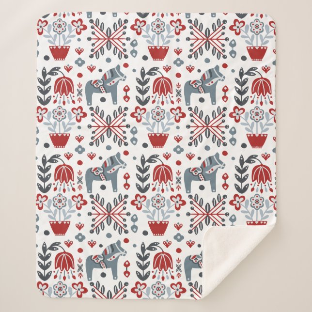 Nordisches Pony und Blumenmuster in Grauem und in Sherpadecke (Vorderseite)