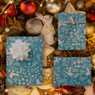 Nordisches Rentier-Blumenmuster Rosafarben auf T Geschenkpapier Set