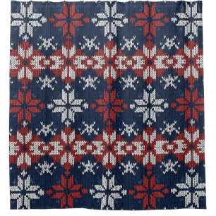 Nordisches Schneeflocken-Strickmuster in Navy, Rot Duschvorhang