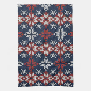 Nordisches Schneeflocken-Strickmuster in Navy, Rot Geschirrtuch