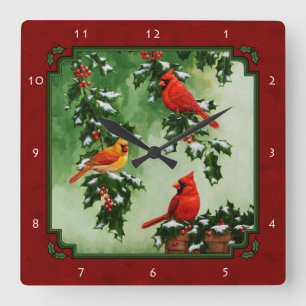 Nördliche Kardinal und Holly Red Quadratische Wanduhr