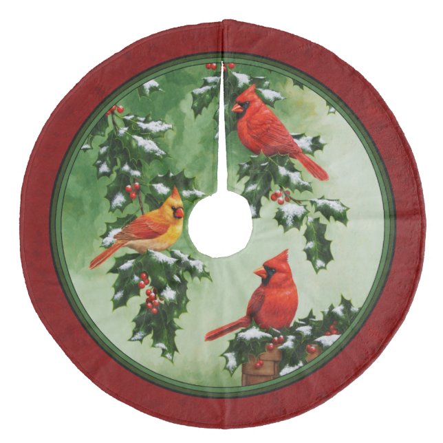 Nördliche Kardinäle und Holly Red Fleece Weihnachtsbaumdecke (Vorderseite)
