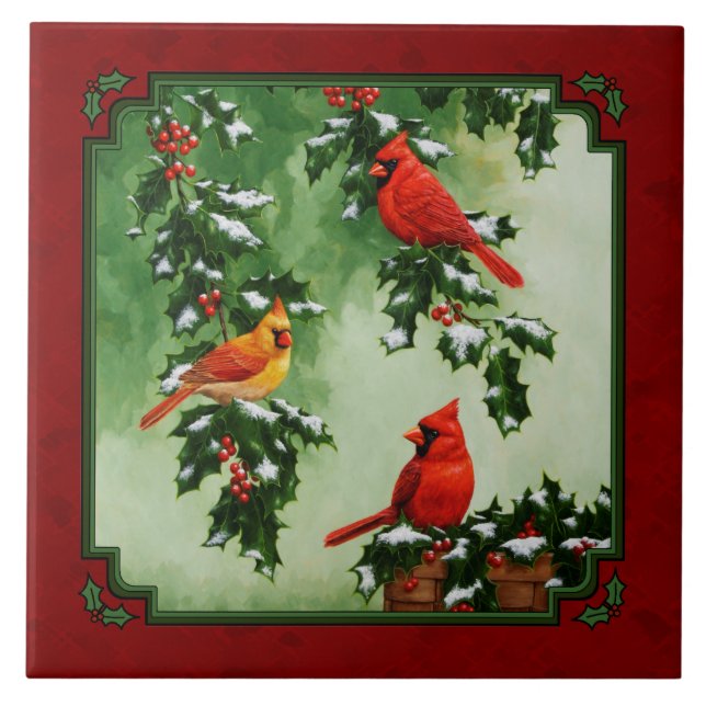Nördliche Kardinäle und Holly Red Fliese (Vorderseite)