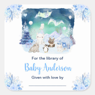 Nördliche-Lichter-Tiere-Baby-Party-Exlibris Quadratischer Aufkleber