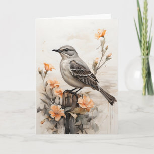 Nördliche Spottdrossel ruht zwischen Blumen Leer Karte