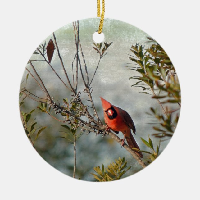 Nördlicher Kardinal in Wax Myrtle Keramik Ornament (Vorne)