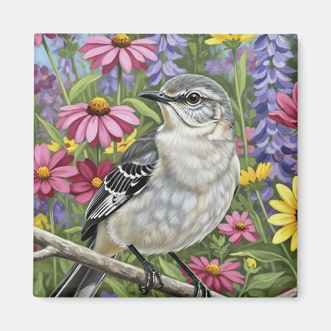 Nördlicher Spottdrossel mit Blumen Magnet (Vorne)