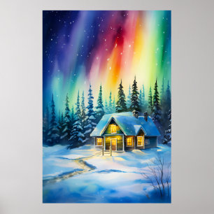 Nordlicht aurora borealis Weihnachtshaus Poster