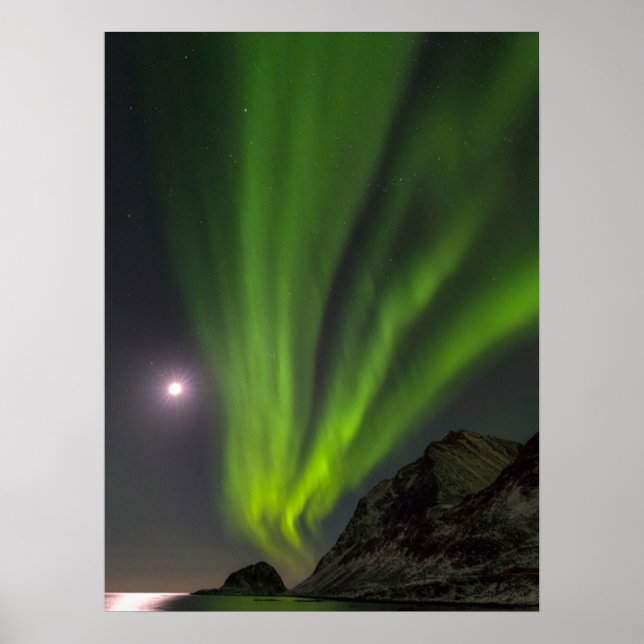 Nordlicht | Haukland Beach Island Norwegen Poster (Vorne)