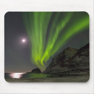 Nordlicht Haukland Strand Insel Norwegen Mousepad