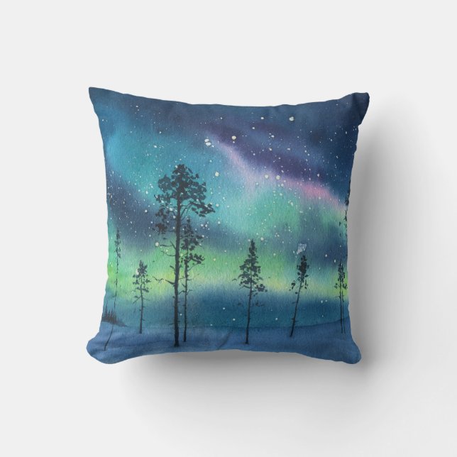 Nordlichter, Aquarelllandschaft Kissen (Vorderseite)